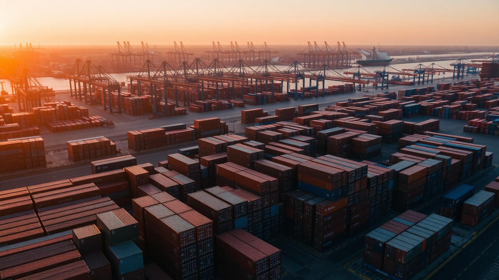 Export shipping port at sunrise