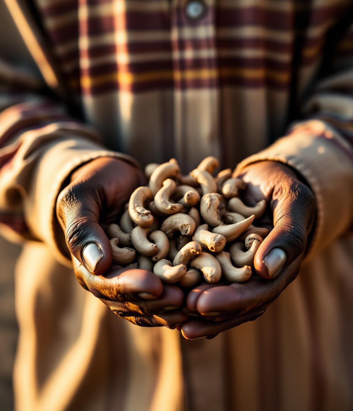 Farmer holding freshly harvested raw cashew nuts